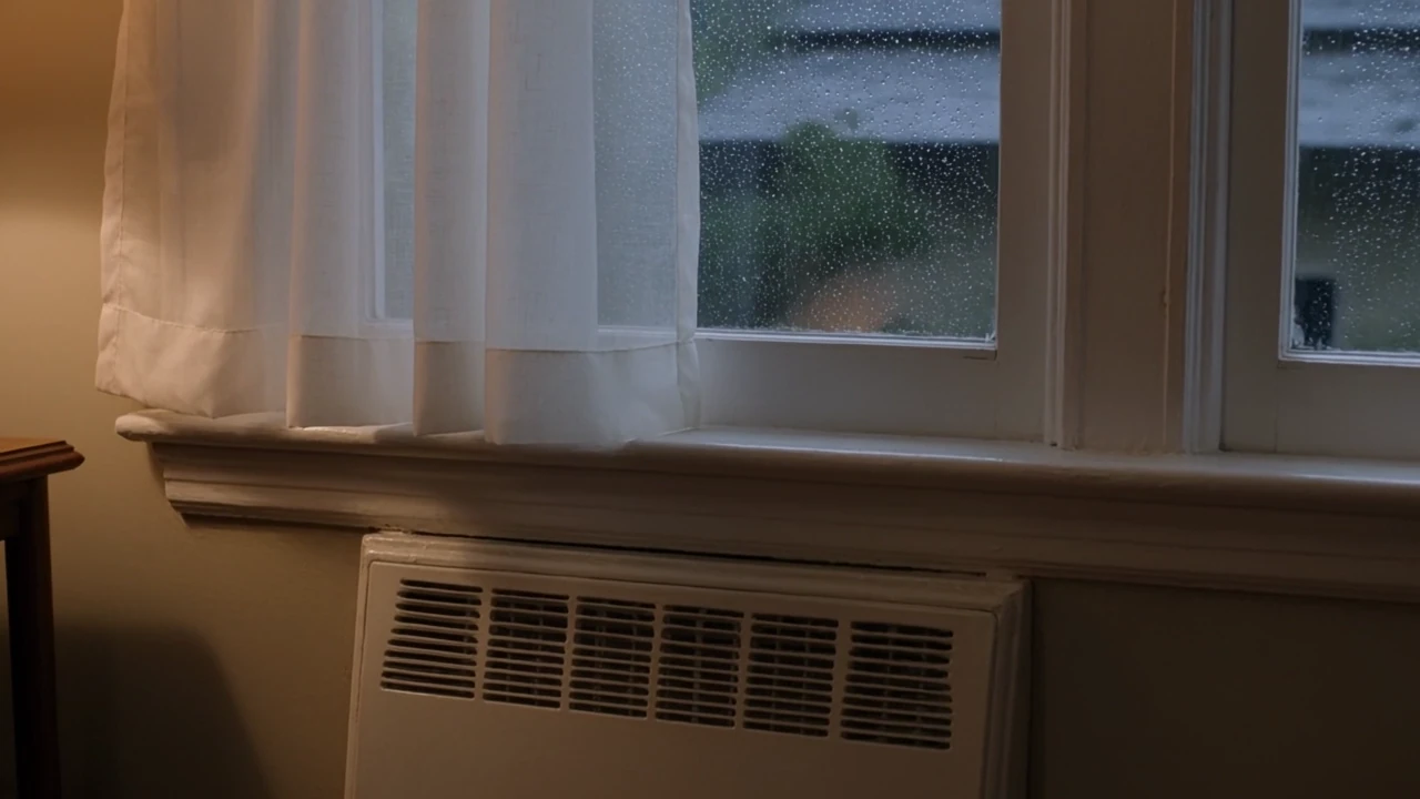 Illustrative image: warm interior light on a wall register and window on a wet evening.