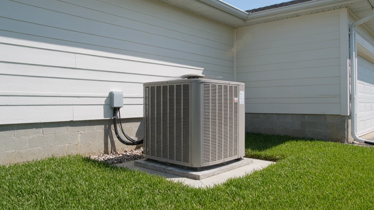 Illustrative image: an outdoor condensing unit beside a house on a clear day.